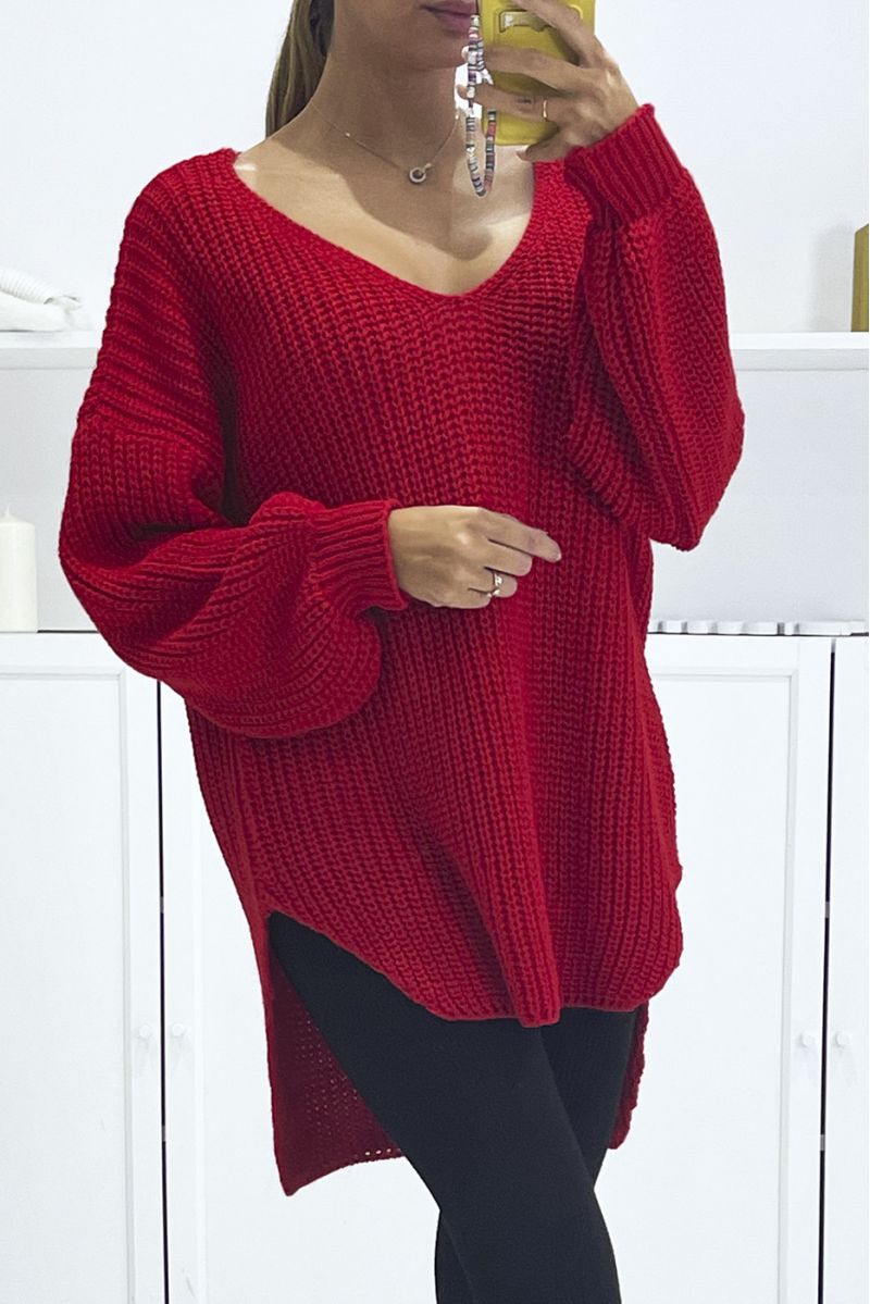 Red asymmetrical knit sweater with v-neck and puff sleeves, ultra soft - 2