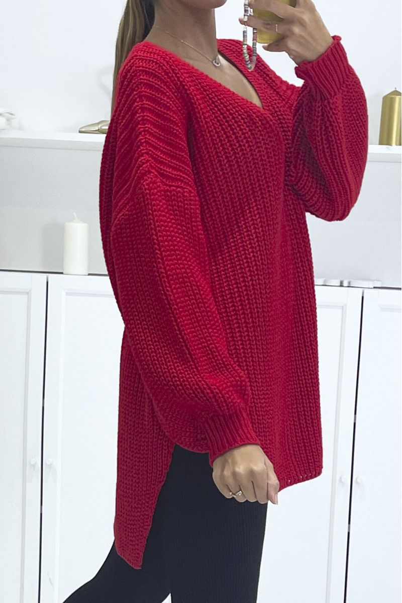 Red asymmetrical knit sweater with v-neck and puff sleeves, ultra soft - 4