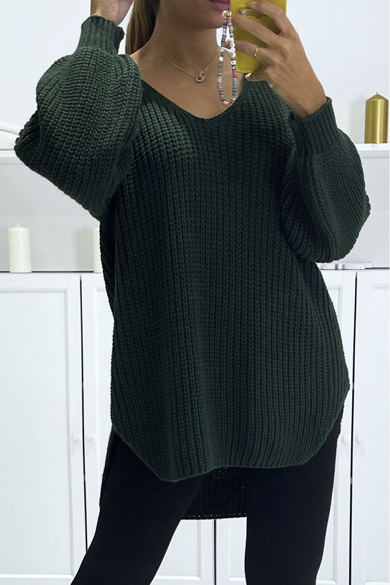 Green asymmetrical knit sweater with v-neck and puff sleeves, ultra soft - 1