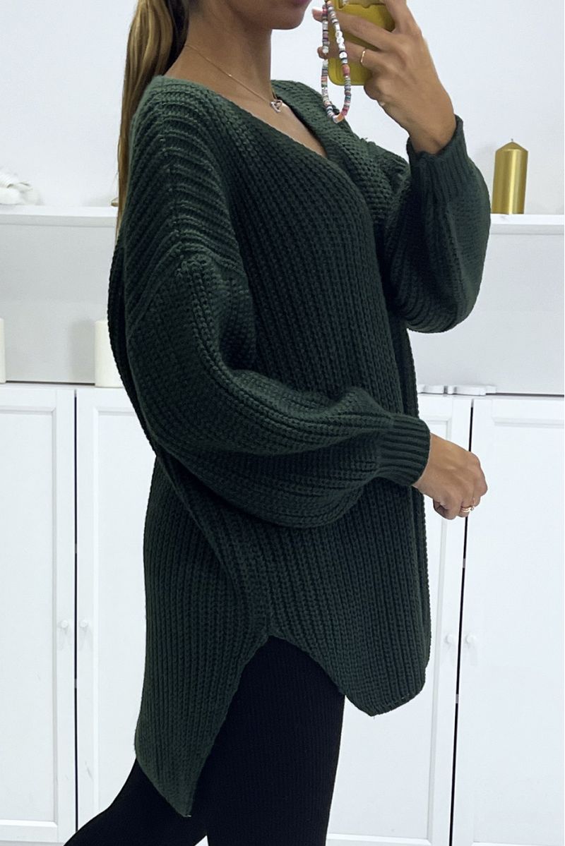Pull vert asymétrique en tricot à col v et manches bouffantes, ultra doux - 3