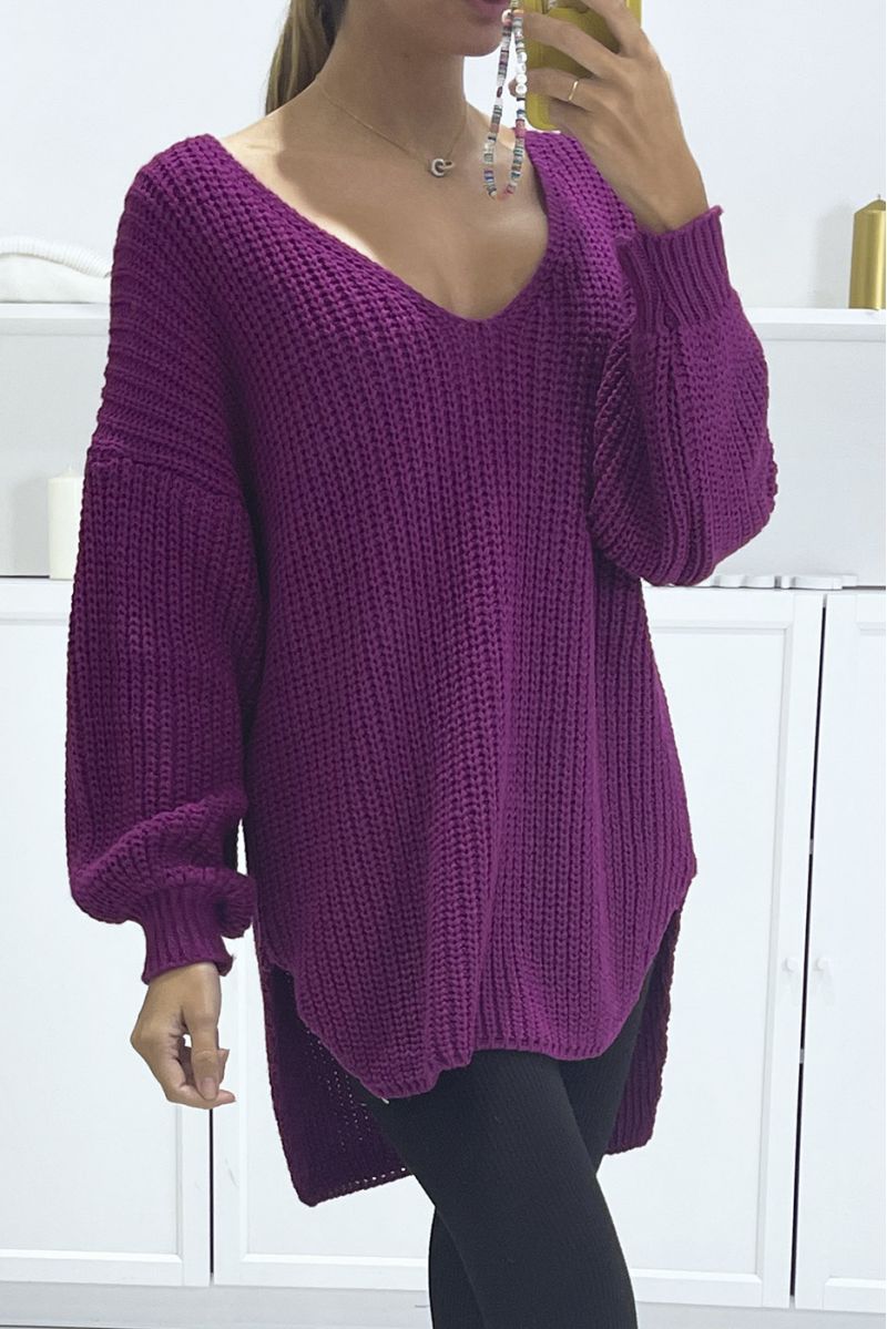 Asymmetric plum knit sweater with v-neck and puff sleeves, ultra soft - 1