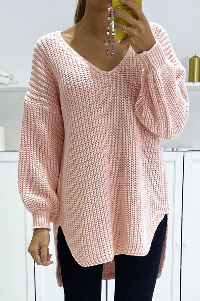Asymmetric pink knit sweater with v-neck and puff sleeves, ultra soft - 1