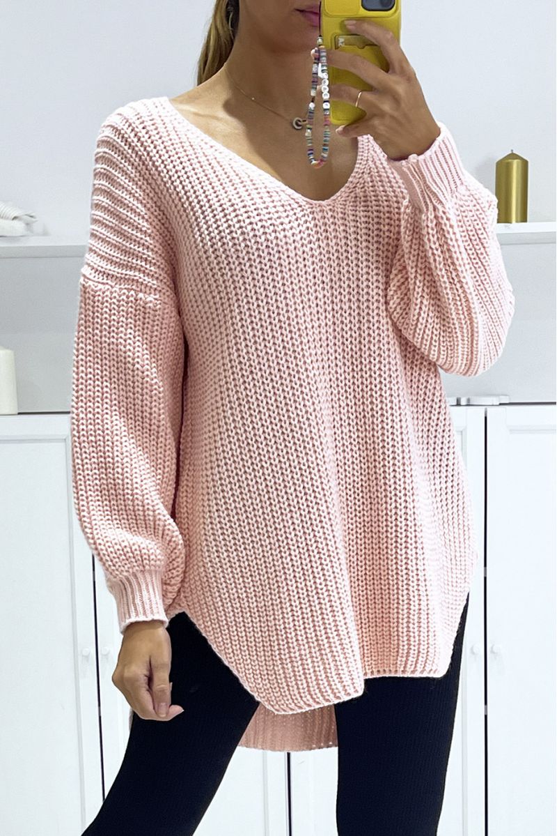 Asymmetric pink knit sweater with v-neck and puff sleeves, ultra soft - 2