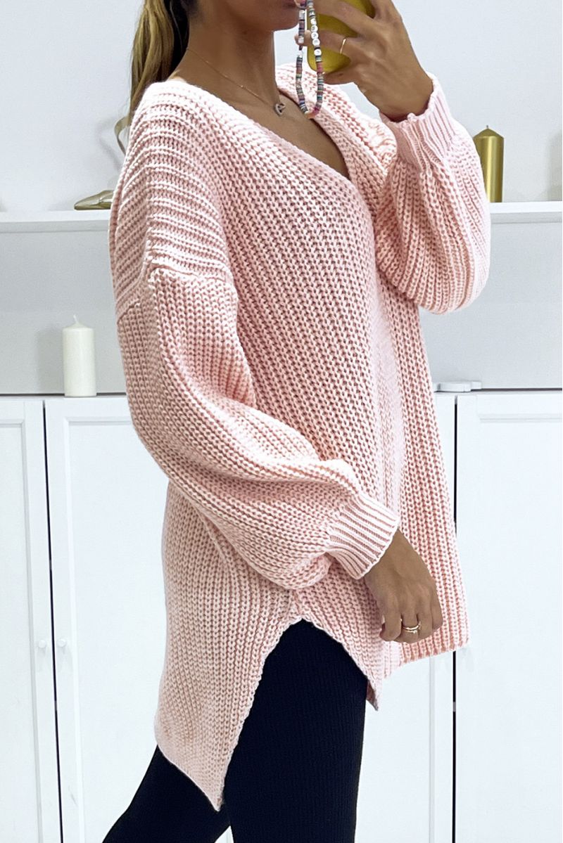 Asymmetric pink knit sweater with v-neck and puff sleeves, ultra soft - 3