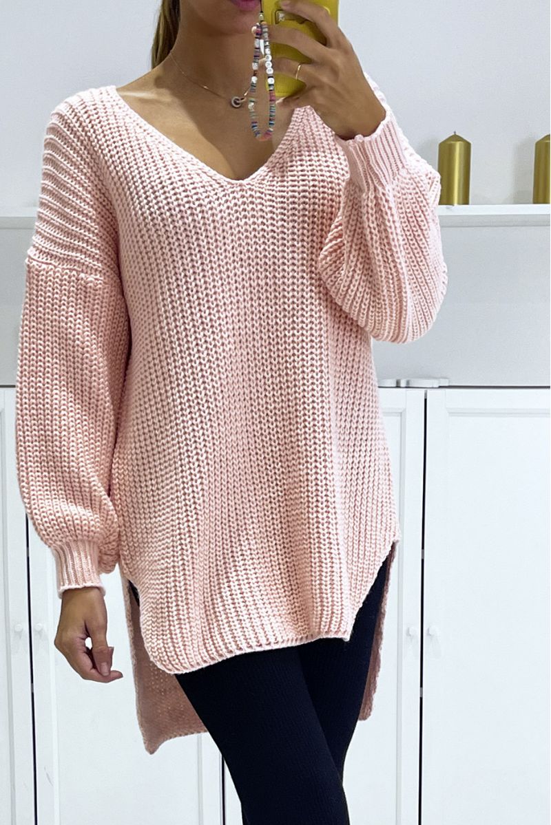 Asymmetric pink knit sweater with v-neck and puff sleeves, ultra soft - 4