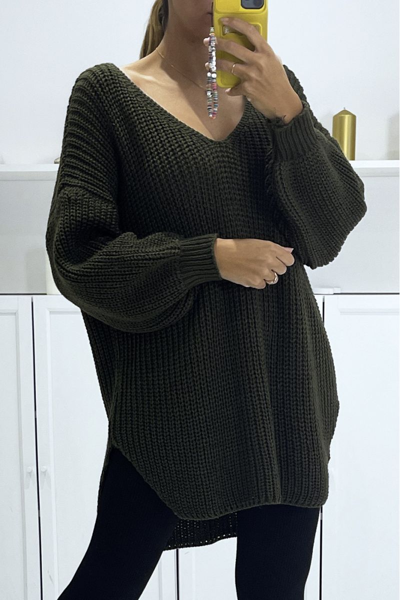 Khaki asymmetrical knit sweater with v-neck and puff sleeves, ultra soft - 1
