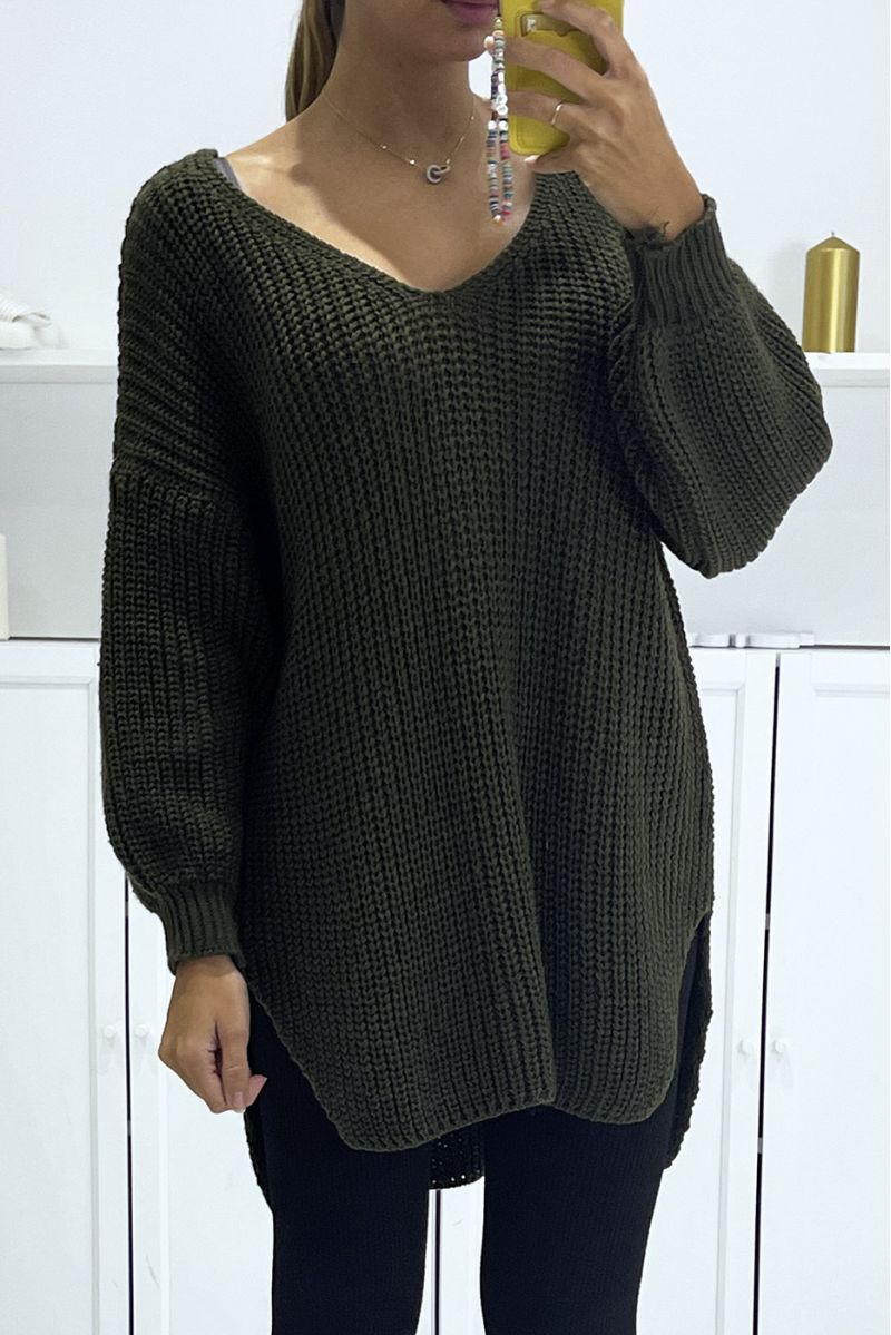 Khaki asymmetrical knit sweater with v-neck and puff sleeves, ultra soft - 2
