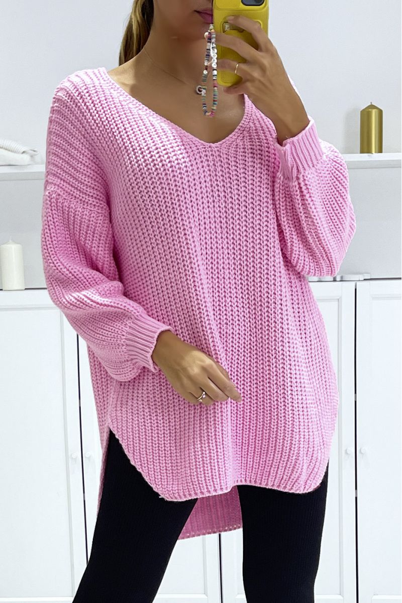 Candy pink asymmetrical knit sweater with v-neck and puff sleeves, ultra soft - 1