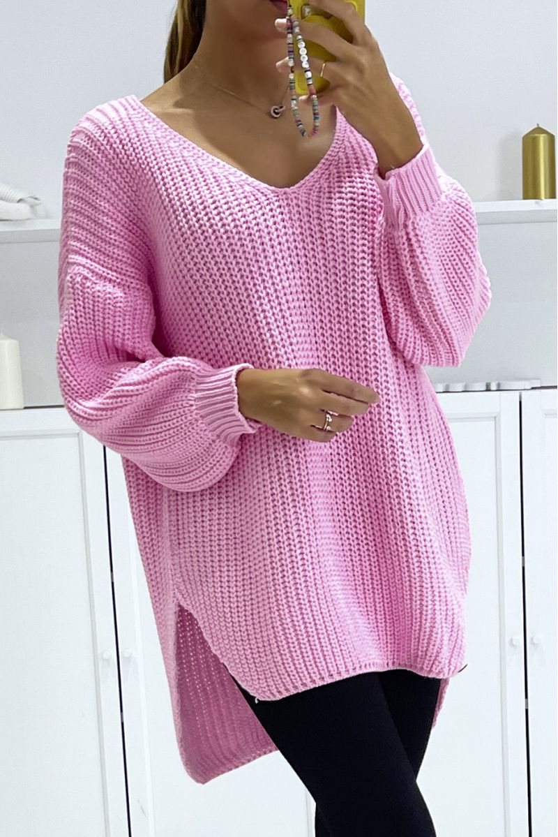 Candy pink asymmetrical knit sweater with v-neck and puff sleeves, ultra soft - 2