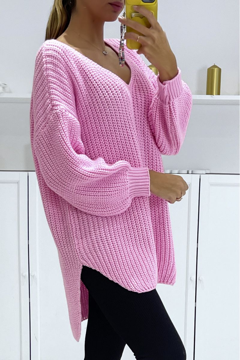 Candy pink asymmetrical knit sweater with v-neck and puff sleeves, ultra soft - 3
