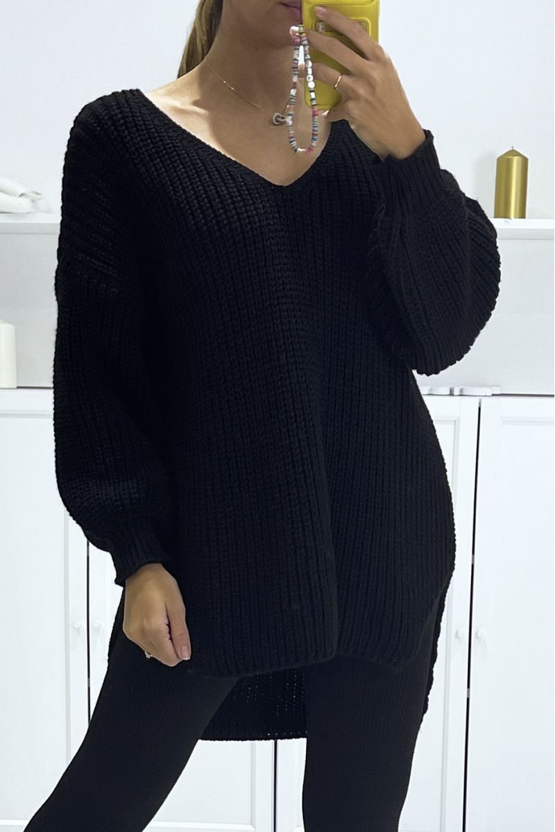 Black asymmetrical knit sweater with v-neck and puff sleeves, ultra soft - 1