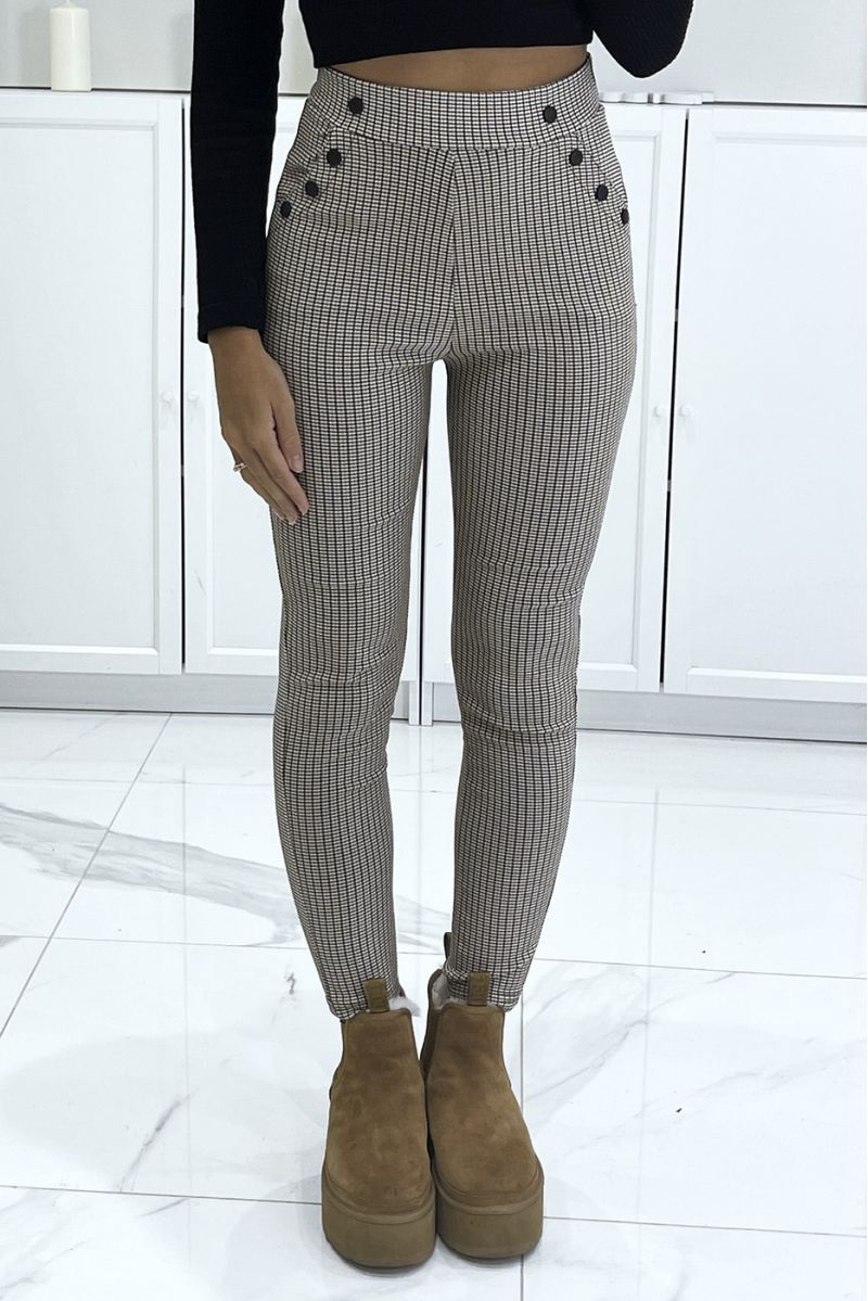 Stretchy beige cigarette pants with houndstooth pattern, high waist - 1