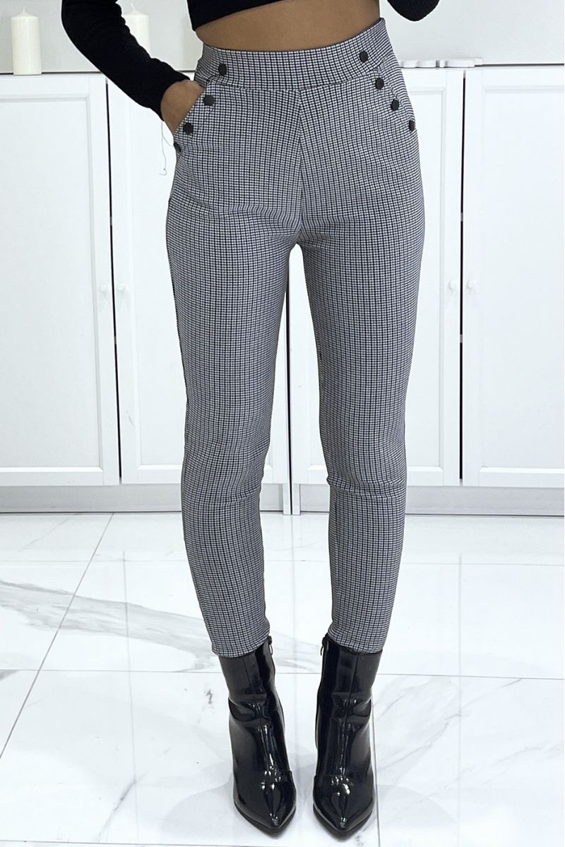 Pantalon cigarette noir extensible à motif pied de poule, taille haute - 2