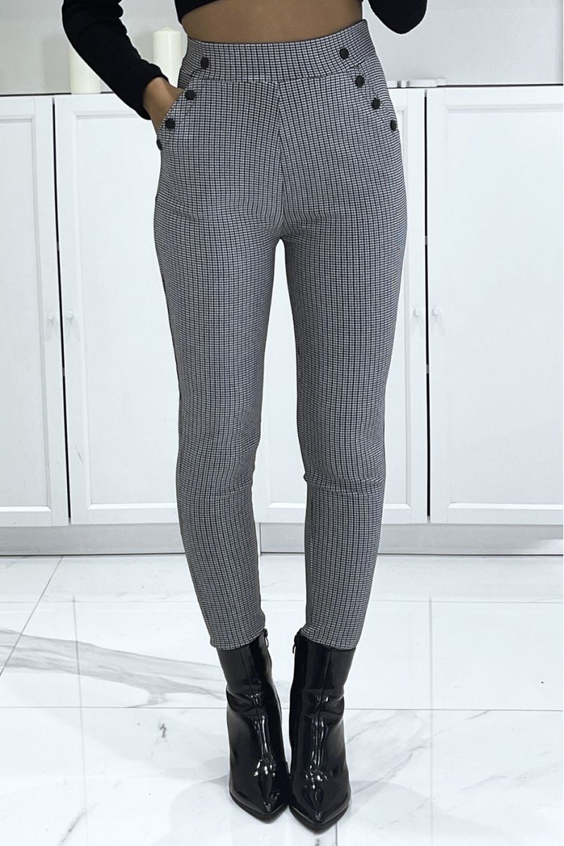 Pantalon cigarette noir extensible à motif pied de poule, taille haute - 3