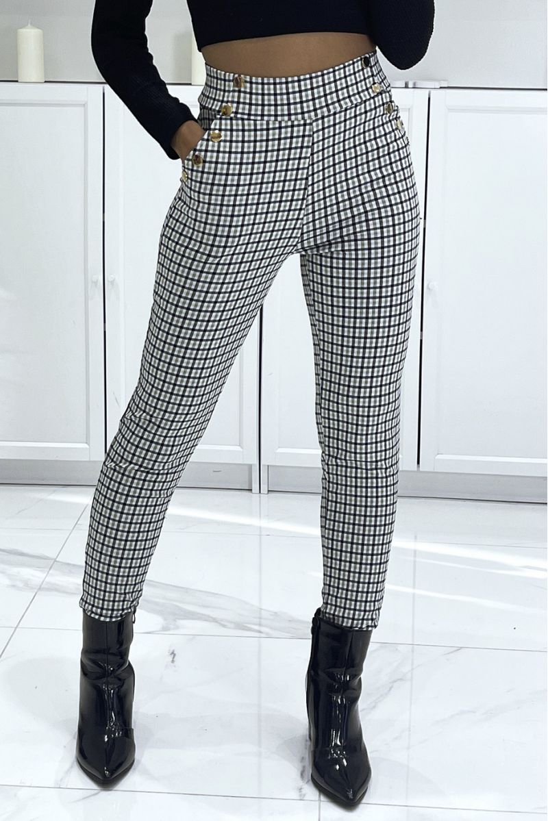 High-waisted stretch beige cigarette pants with gold buttons on the pockets - 2
