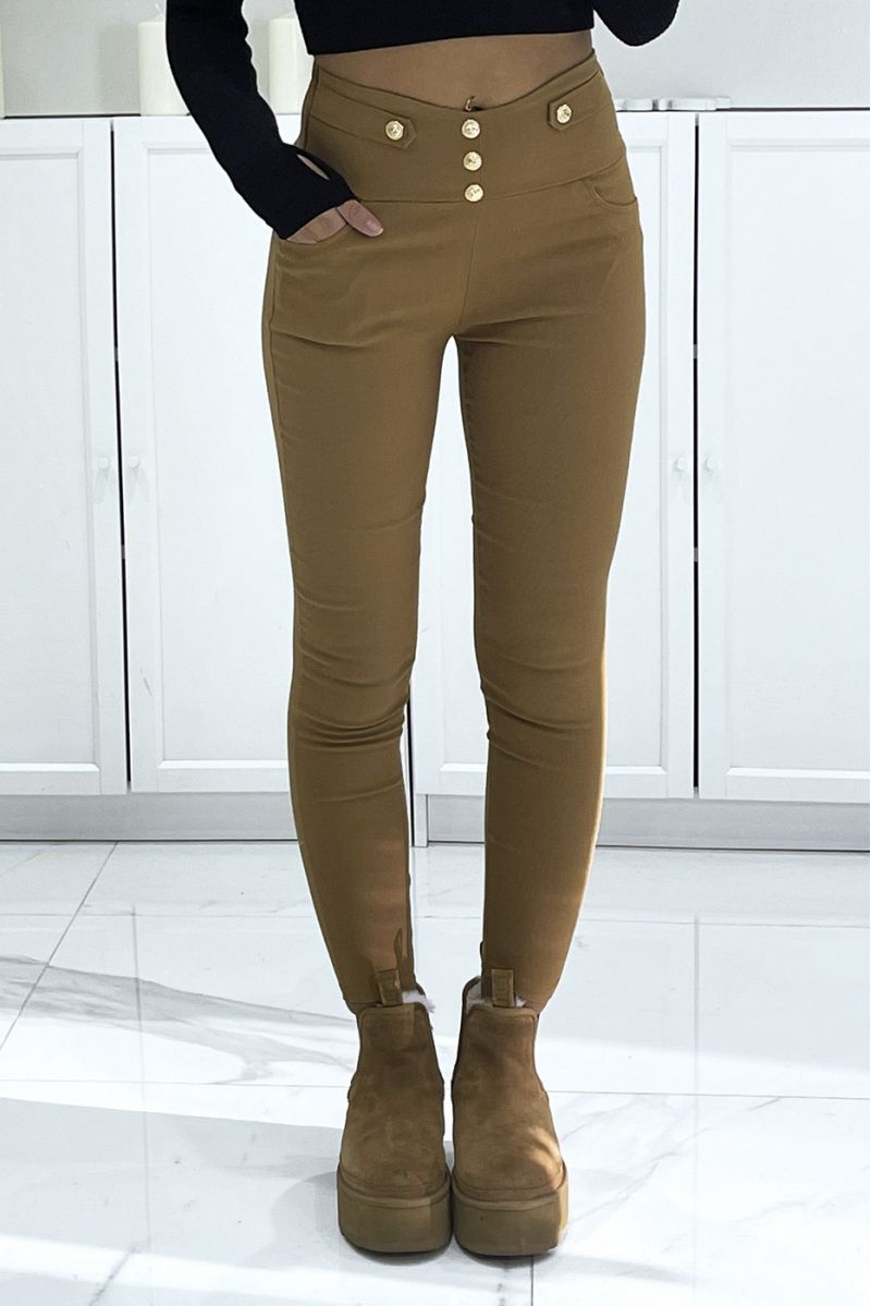 Stretch camel slim pants with high waist and golden buttons - 1