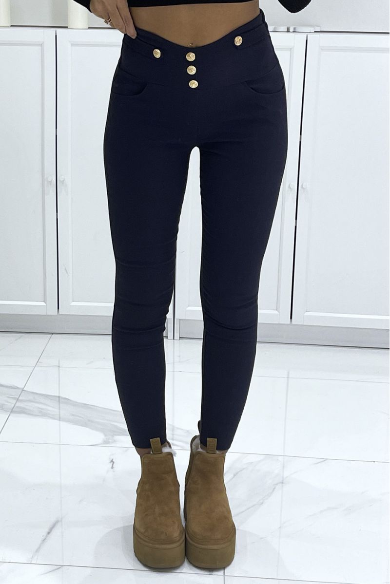 High-waisted stretch navy slim pants with gold buttons - 2