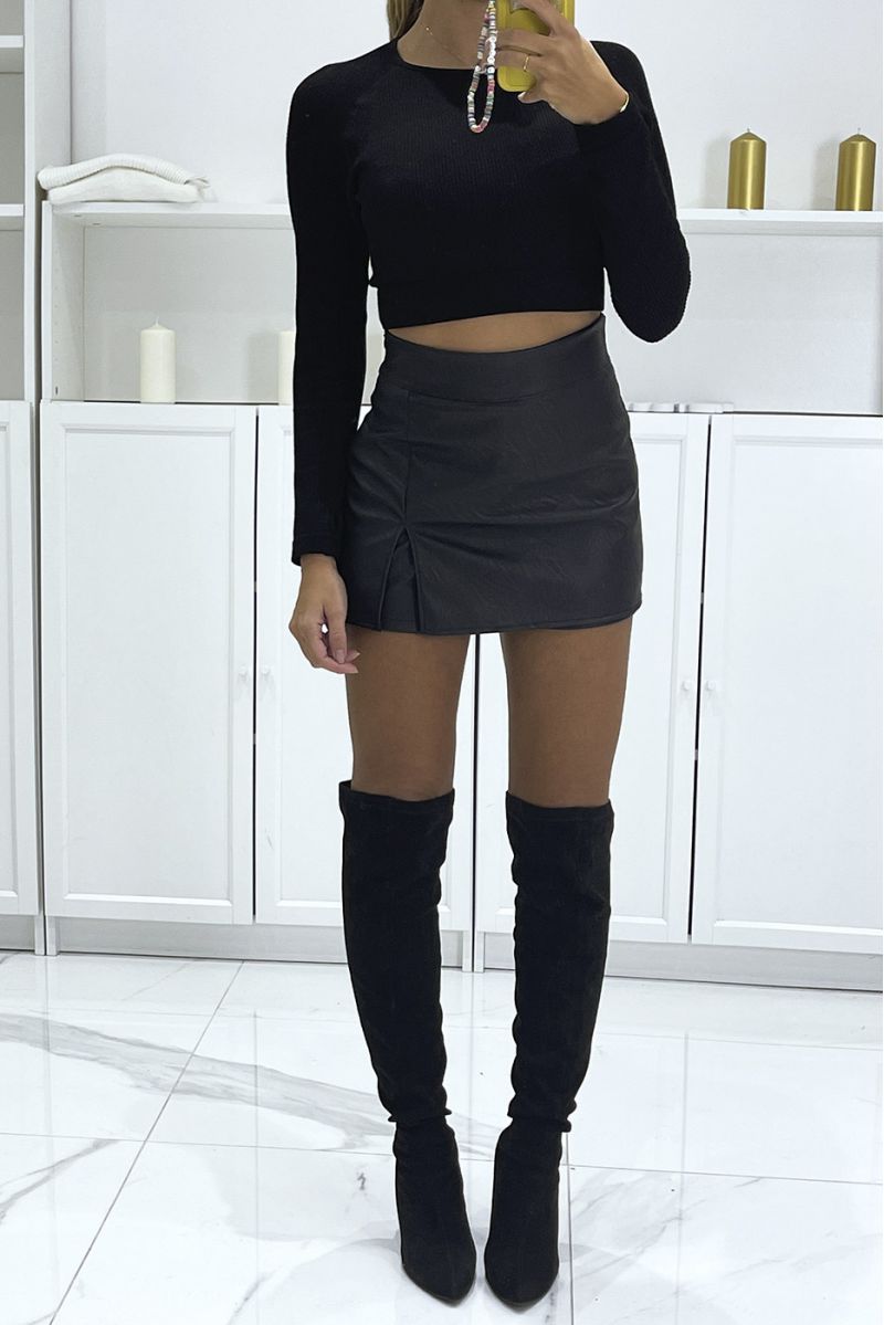 Faux leather mini culotte skirt with side slit - 2