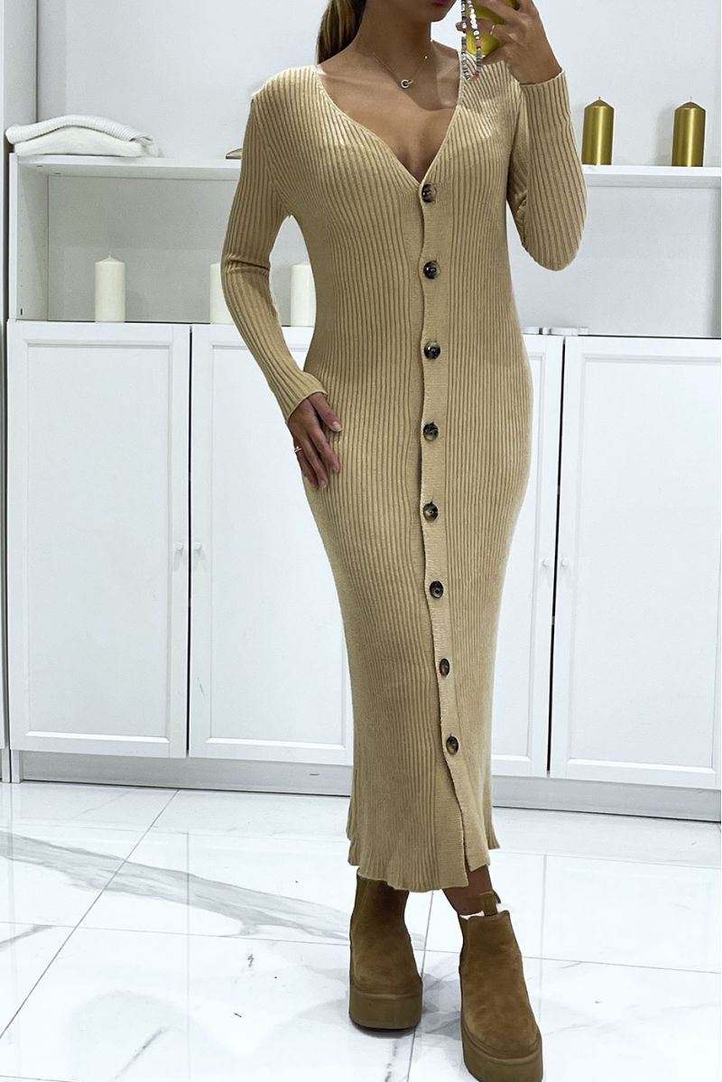 Long fine-knit beige ribbed cardigan with v-neck - 2