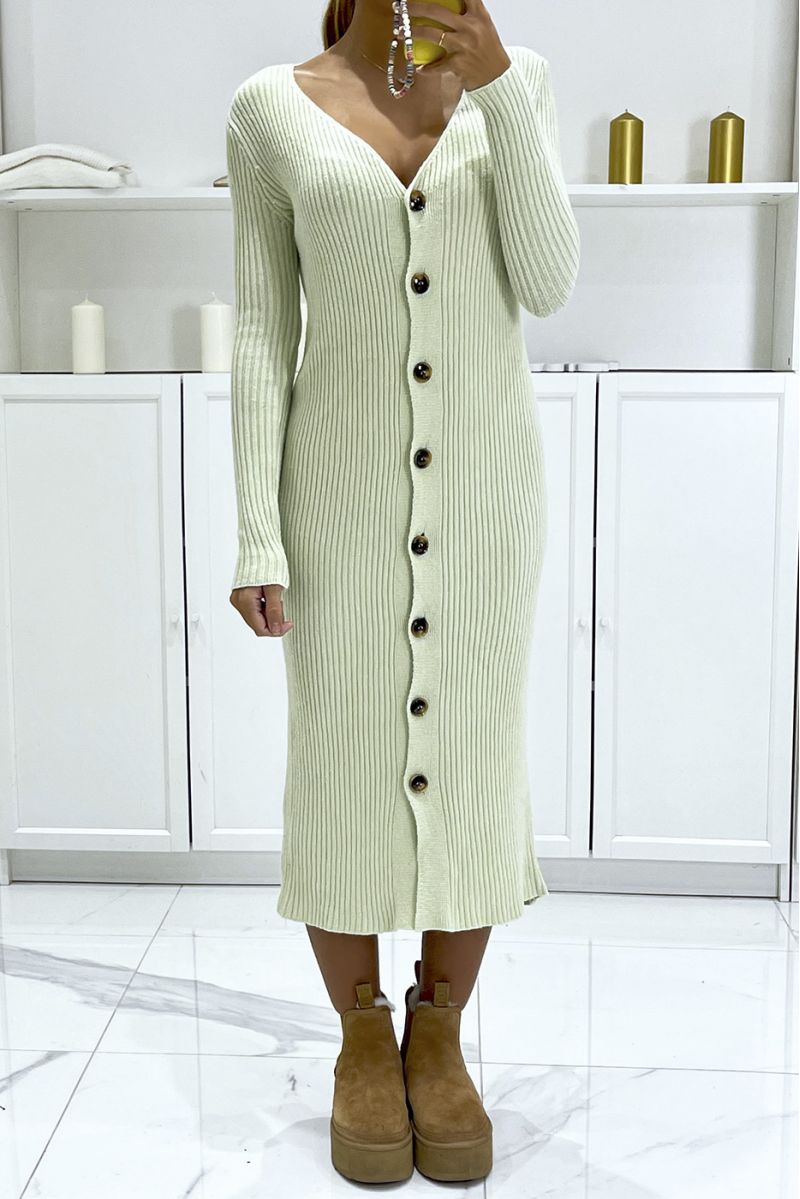 Long fine-knit ribbed water green cardigan with v-neck - 1
