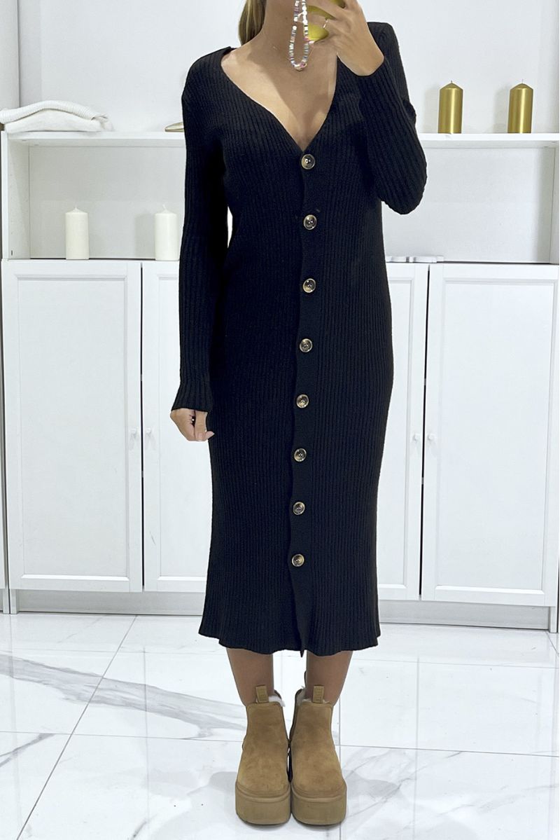 Long black ribbed cardigan with fine knit and v-neck - 2