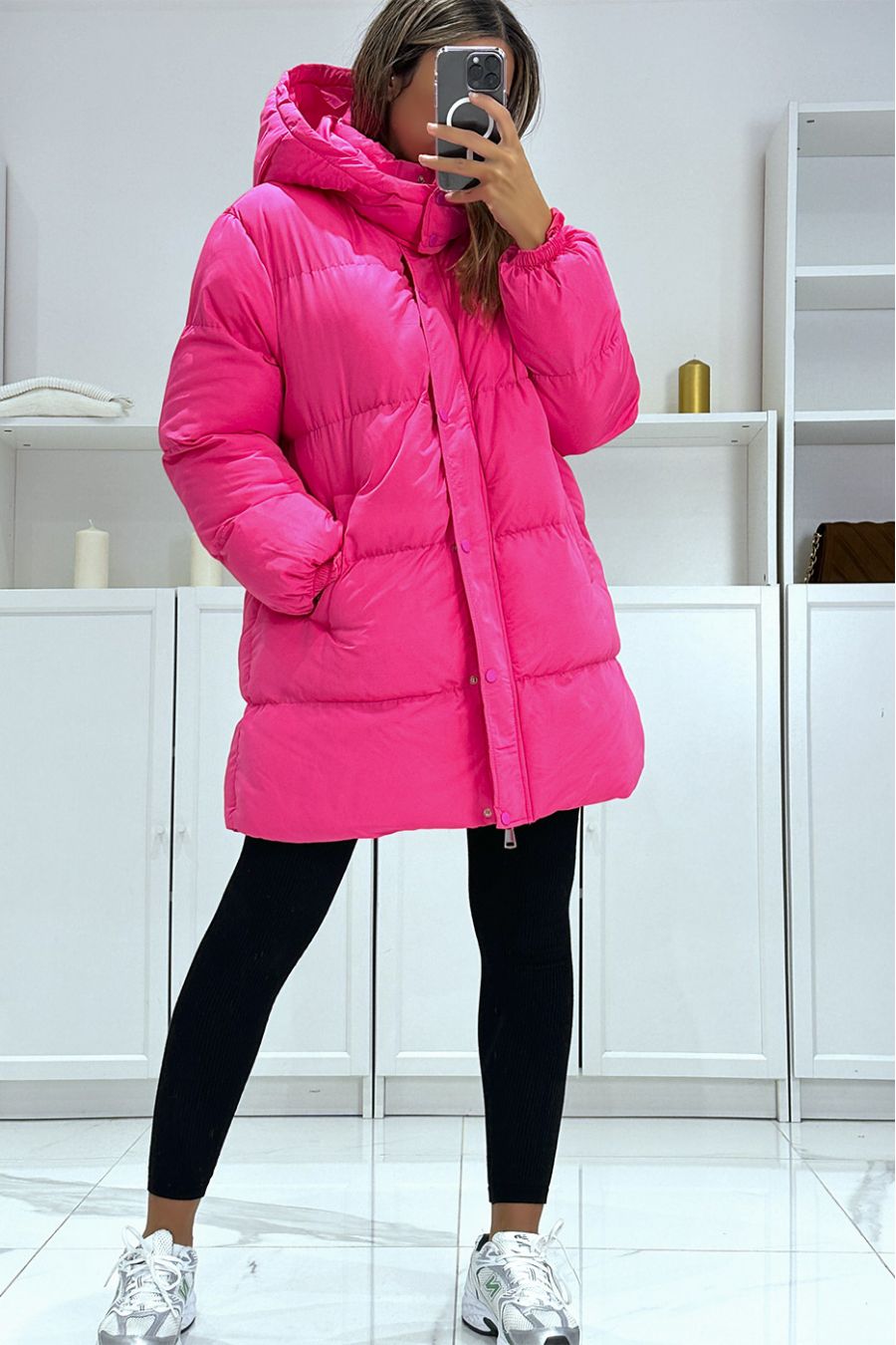 Koepelvormig fuchsia donsjack met capuchon   - 2