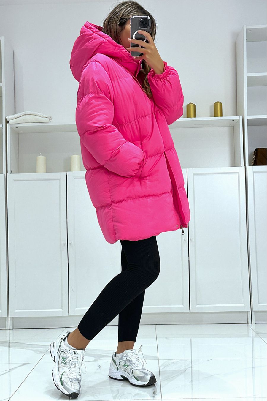 Koepelvormig fuchsia donsjack met capuchon   - 3