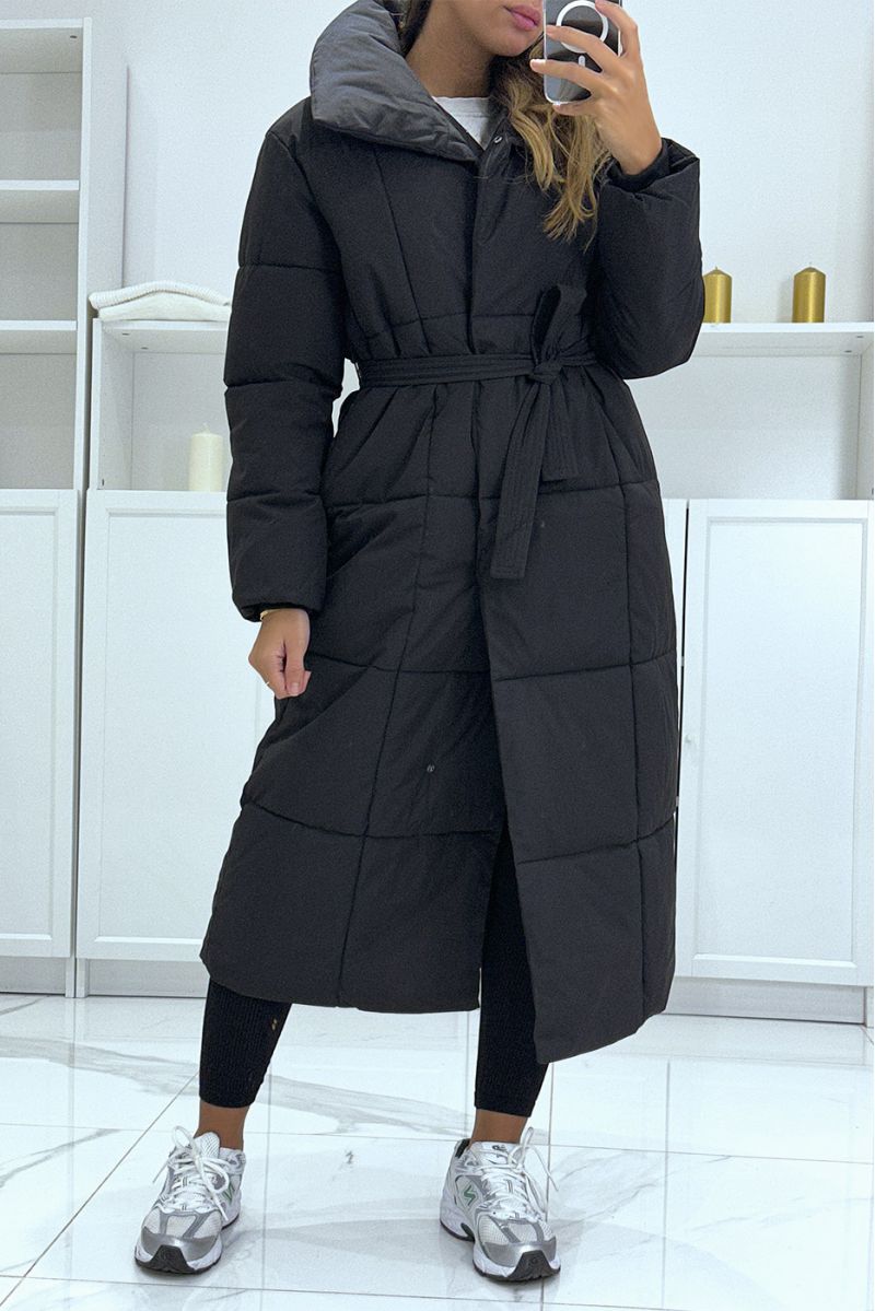 Long domed black down jacket with large collar   - 3