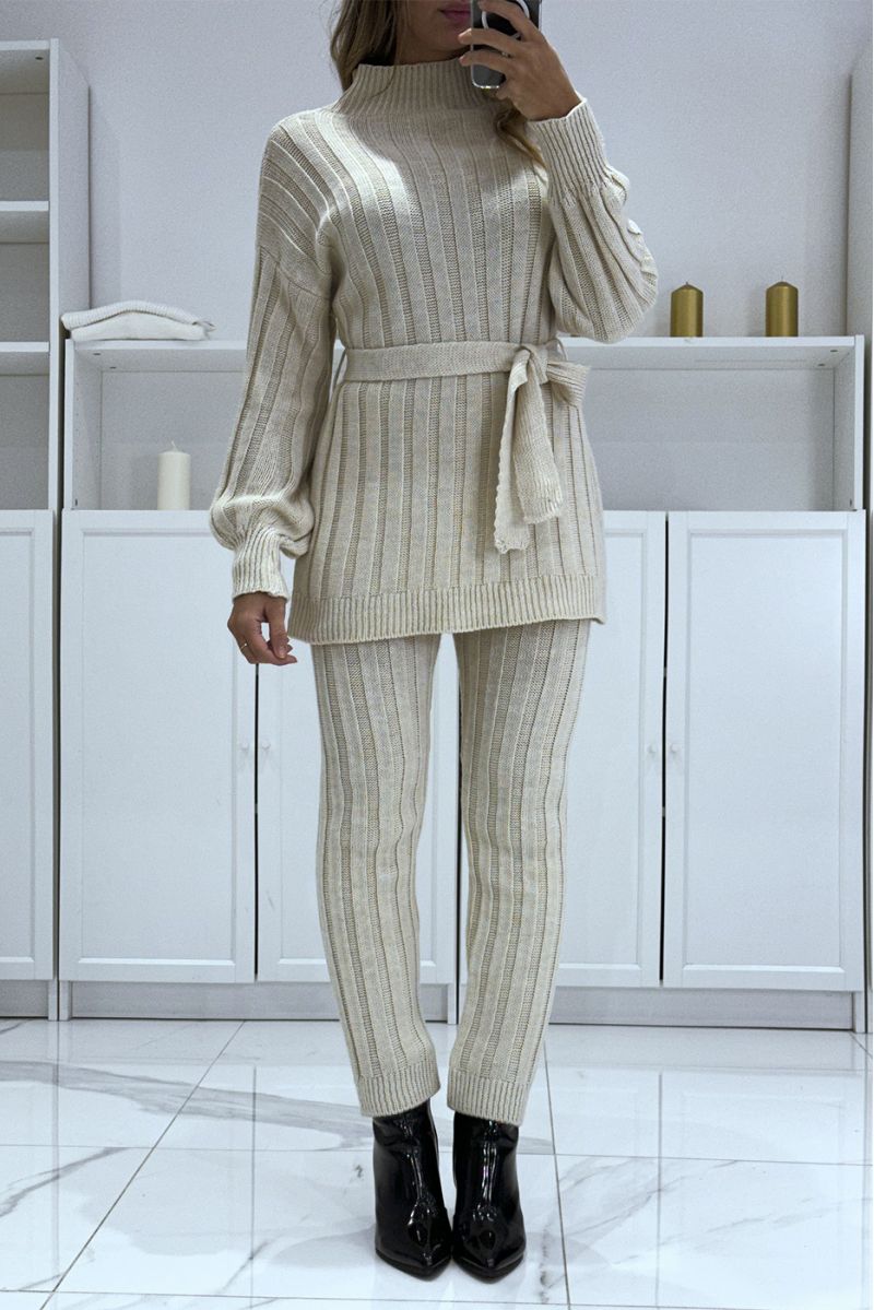 Set of high neck sweater and beige knit pants, very warm for winter - 1