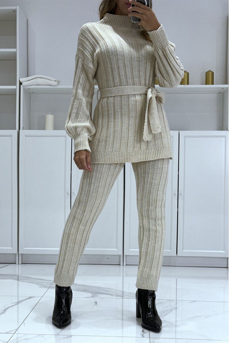 Ensemble pull col haut et pantalon beige en tricot, très chaud pour l'hiver - 4