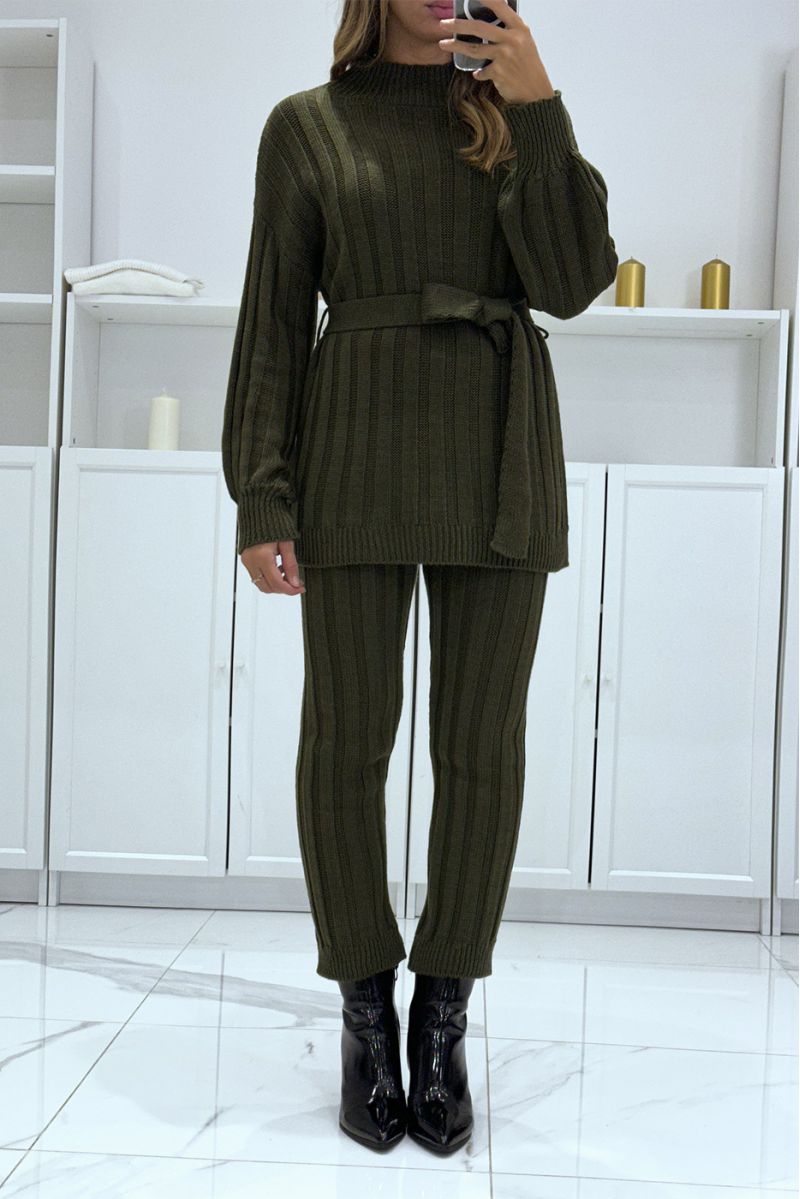 Set of high neck sweater and khaki knit pants, very warm for winter - 1 Set of high neck sweater and khaki knit pants, very warm for winter - 1