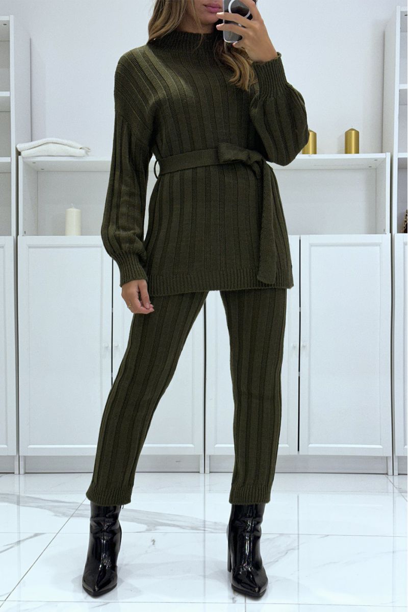 Ensemble pull col haut et pantalon kaki en tricot, très chaud pour l'hiver - 2 Ensemble pull col haut et pantalon kaki en tricot, très chaud pour l'hiver - 2