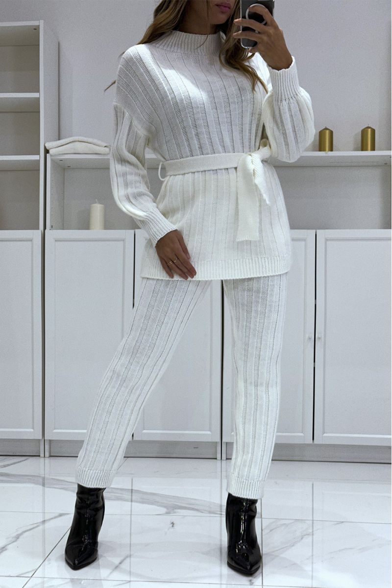 Set of high neck sweater and white knit pants, very warm for winter - 2 Set of high neck sweater and white knit pants, very warm for winter - 2