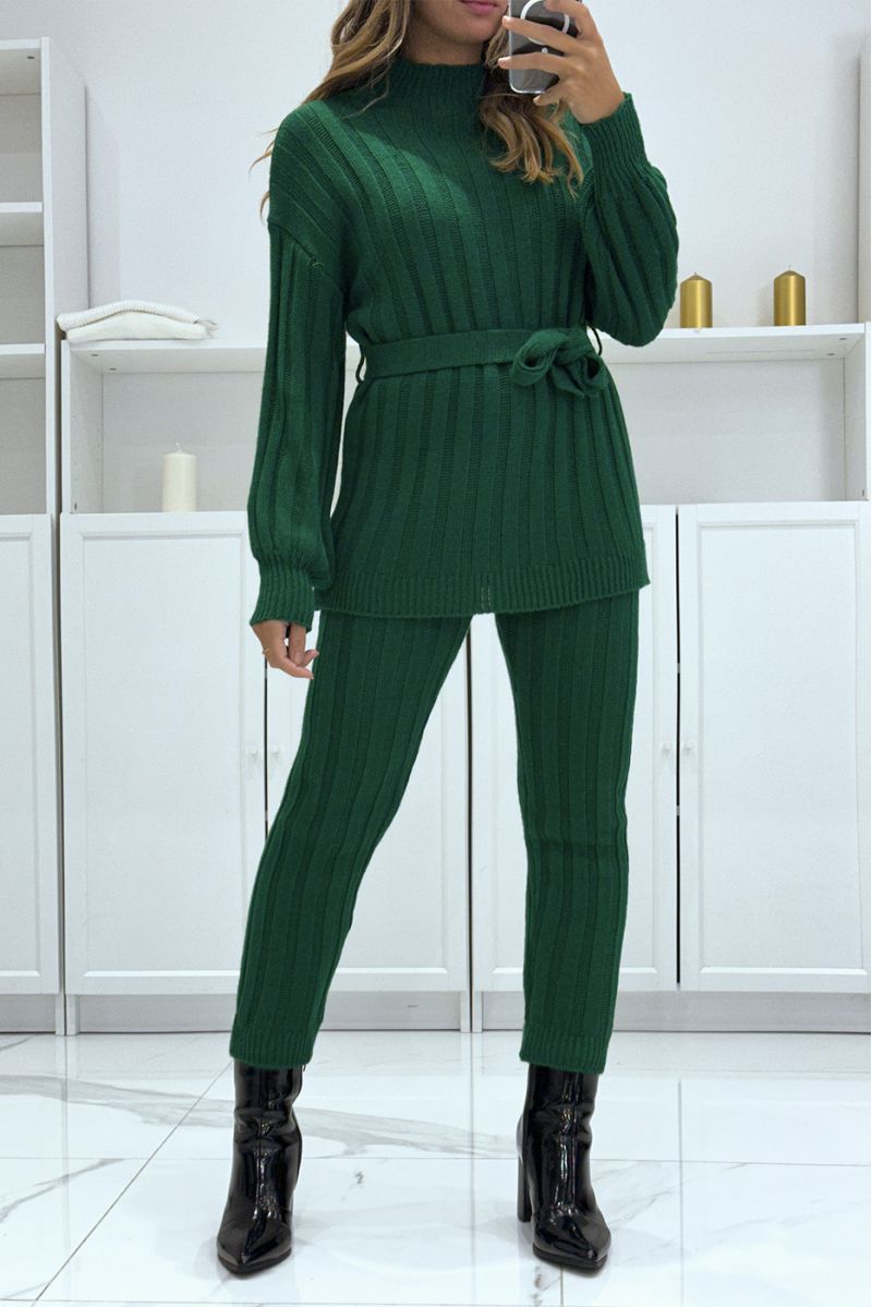 Set of high neck sweater and green knit pants, very warm for winter - 1