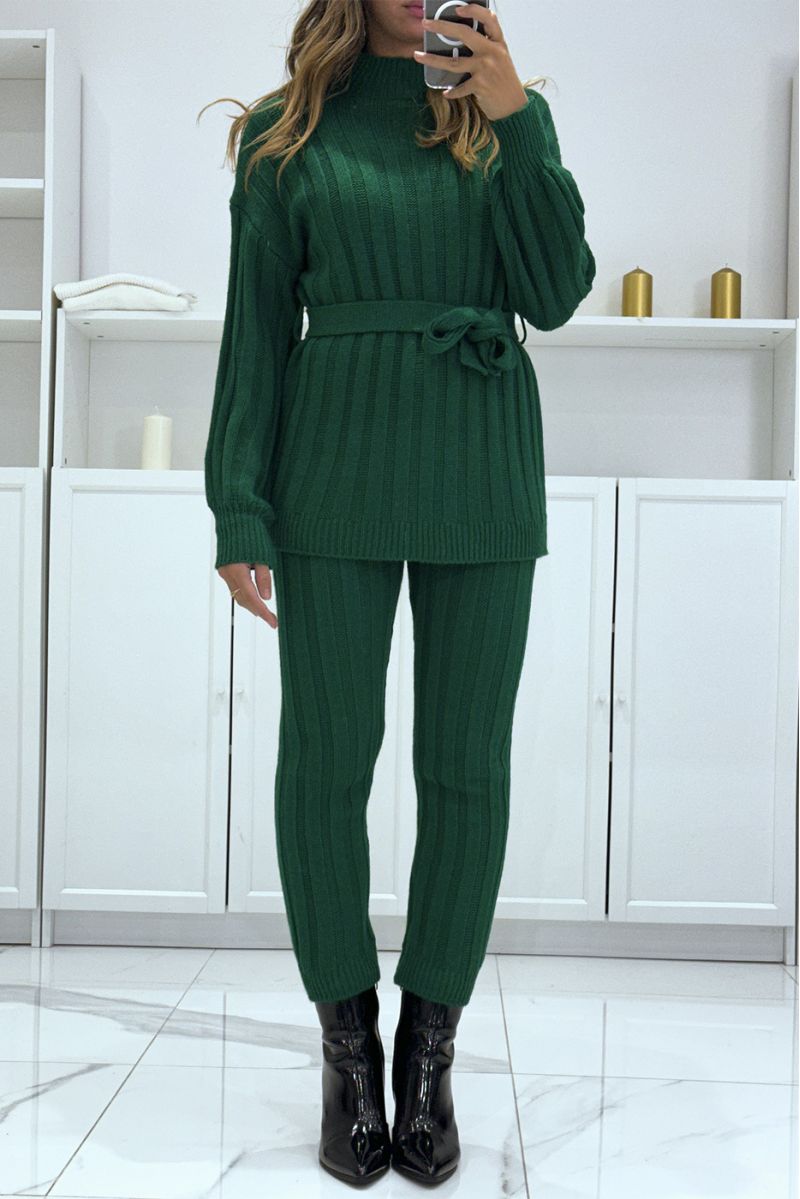 Set of high neck sweater and green knit pants, very warm for winter - 2