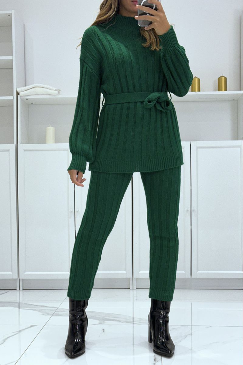 Set of high neck sweater and green knit pants, very warm for winter - 4