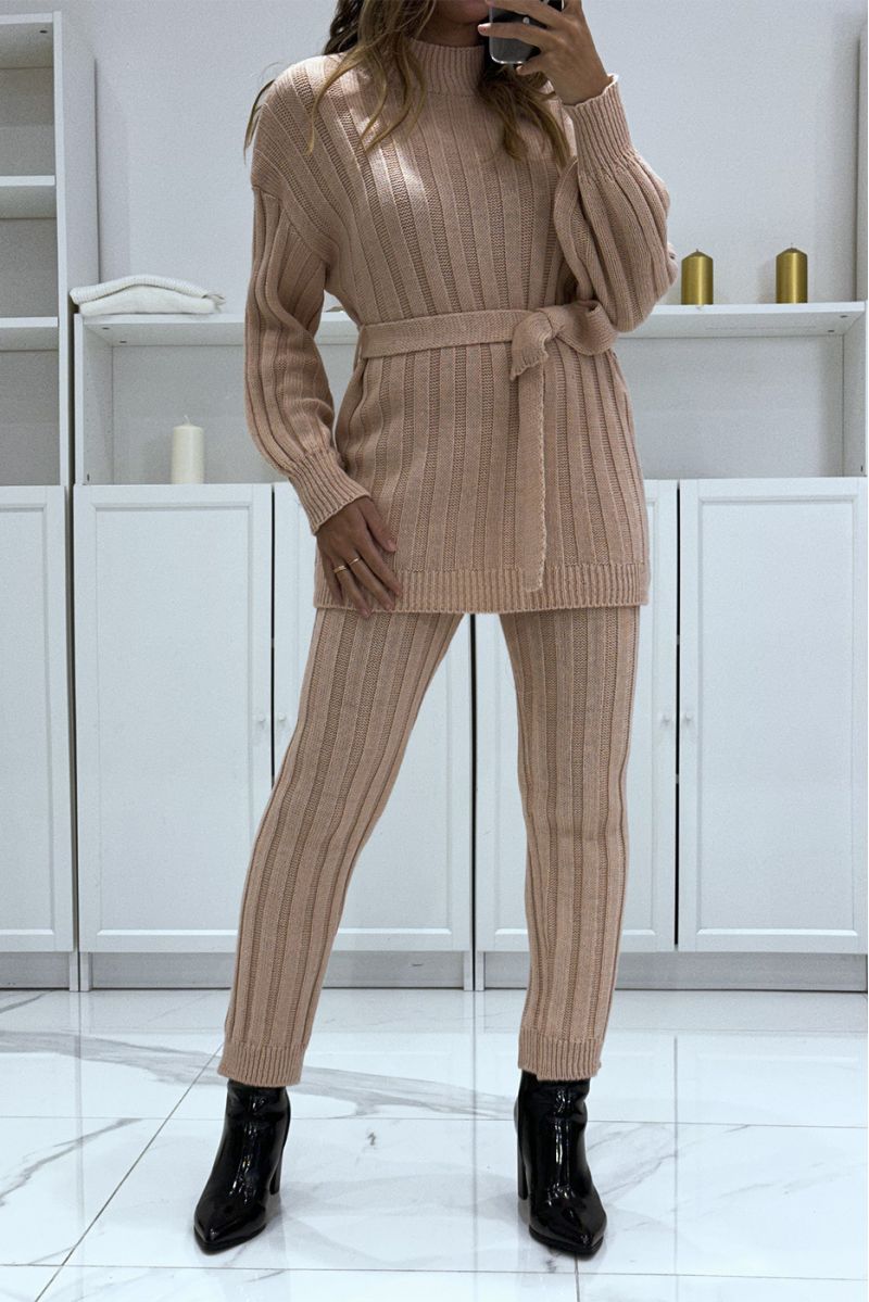 Set van trui met hoge hals en roze gebreide broek, erg warm voor de winter - 3