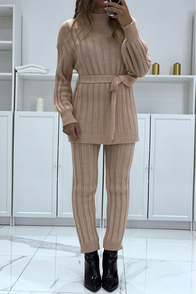 Ensemble pull col haut et pantalon rose en tricot, très chaud pour l'hiver - 4