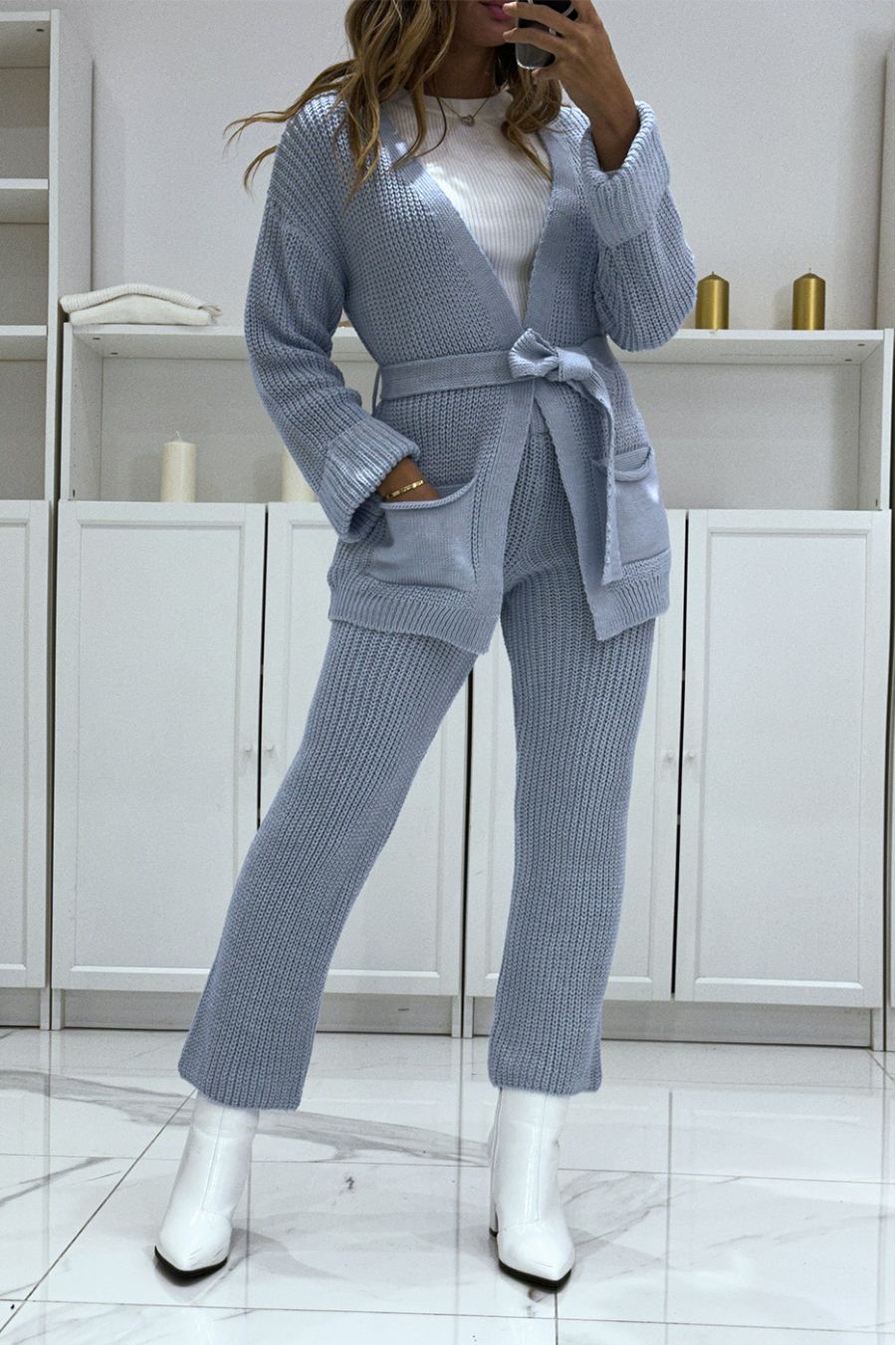 Ensemble gilet à ceinture et pantalon bleu en tricot, très chaud