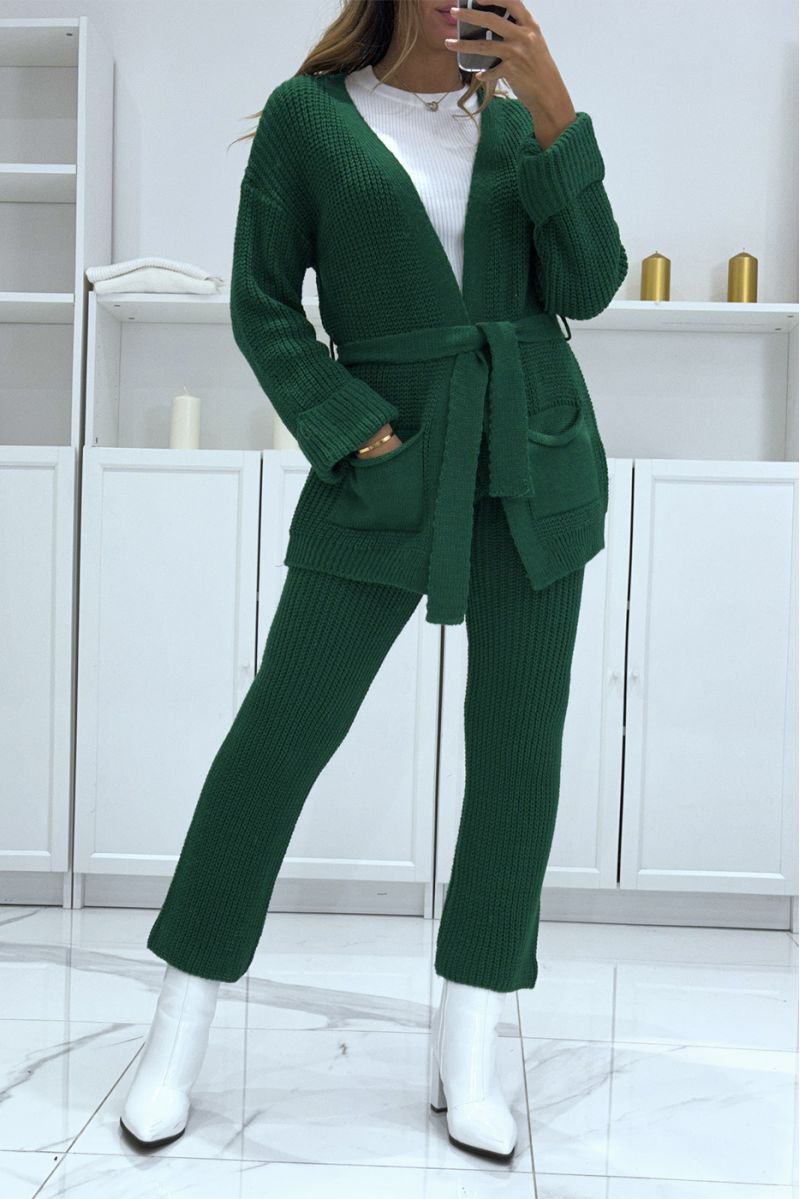 Belted vest and green knit pants set, very warm for winter - 2