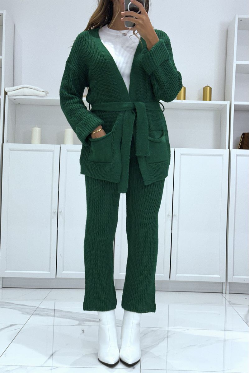 Belted vest and green knit pants set, very warm for winter - 3