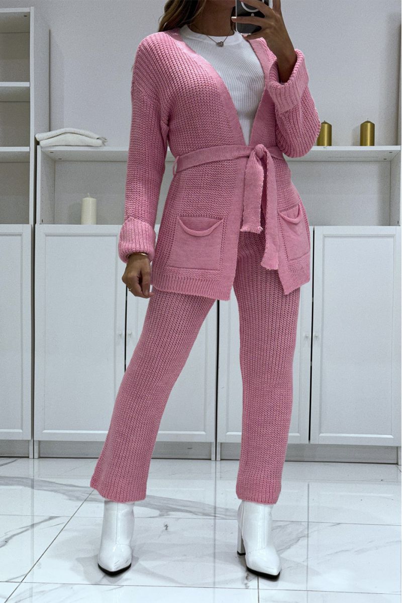 Ensemble gilet à ceinture et pantalon rose en tricot, très chaud pour l'hiver - 1