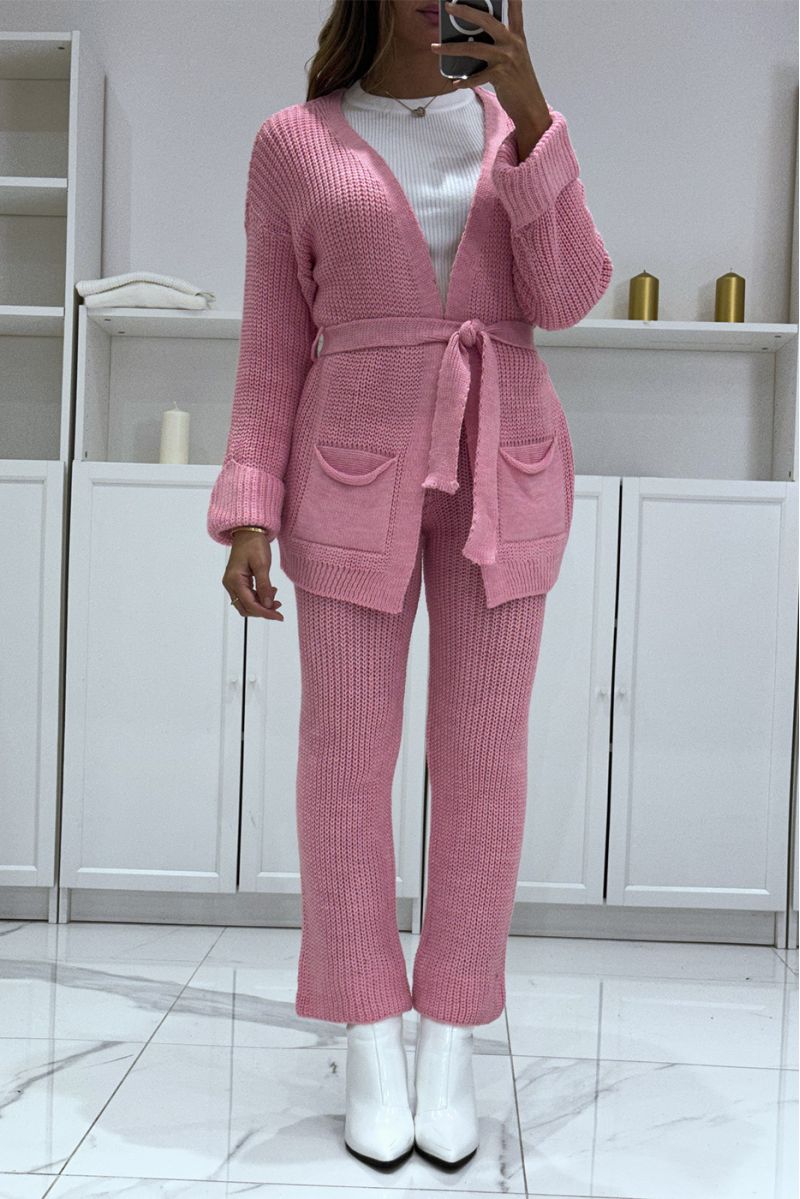 Ensemble gilet à ceinture et pantalon rose en tricot, très chaud pour l'hiver - 2