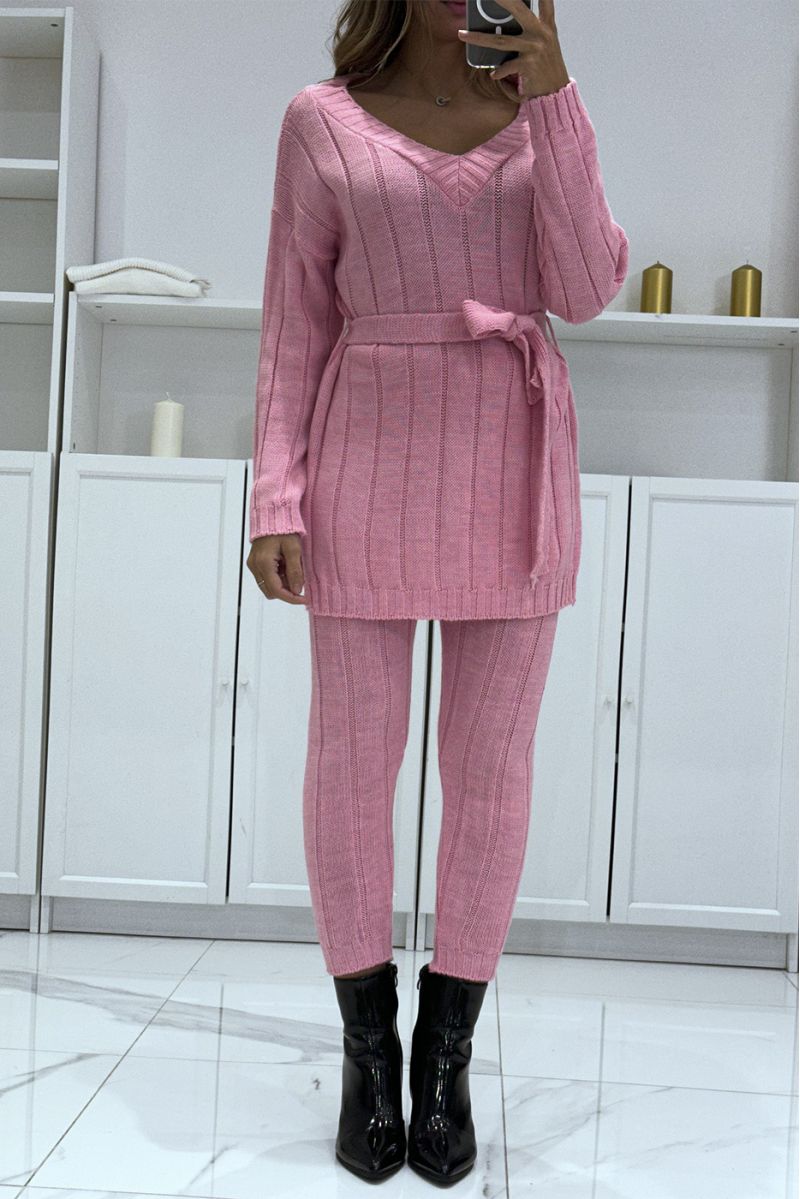 Ensemble pull col v à ceinture et pantalon rose bonbon en tricot, très chaud pour l'hiver - 1