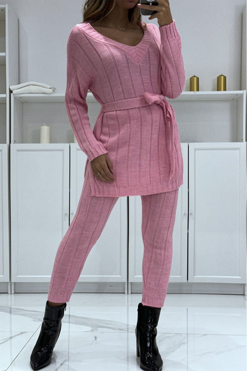 Ensemble pull col v à ceinture et pantalon rose bonbon en tricot, très chaud pour l'hiver - 2