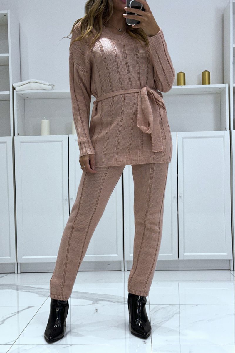 Set of v-neck sweater with belt and powder pink knit pants, very warm for winter - 3 Set of v-neck sweater with belt and powder pink knit pants, very warm for winter - 3