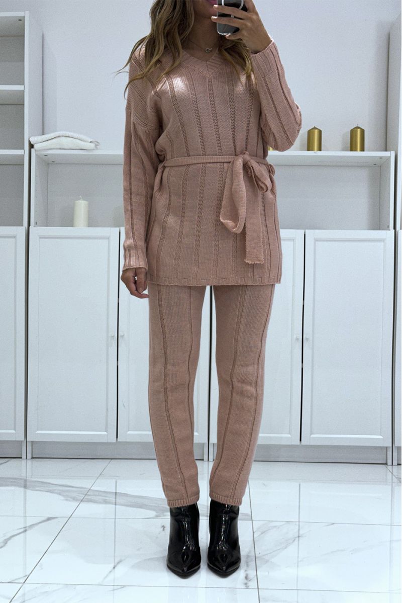 Set of v-neck sweater with belt and powder pink knit pants, very warm for winter - 4 Set of v-neck sweater with belt and powder pink knit pants, very warm for winter - 4