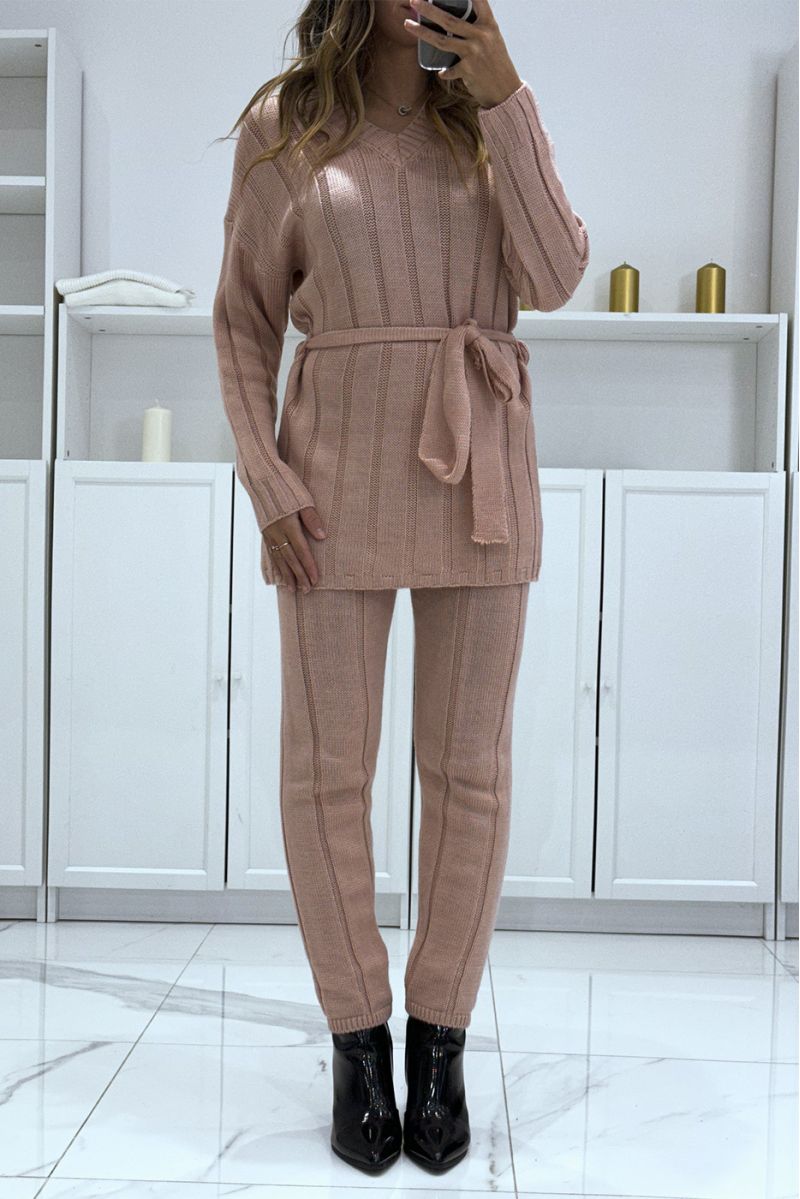 Set of v-neck sweater with belt and powder pink knit pants, very warm for winter - 5 Set of v-neck sweater with belt and powder pink knit pants, very warm for winter - 5