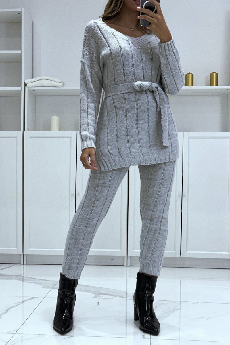 Ensemble pull col v à ceinture et pantalon gris en tricot, très chaud pour l'hiver - 1