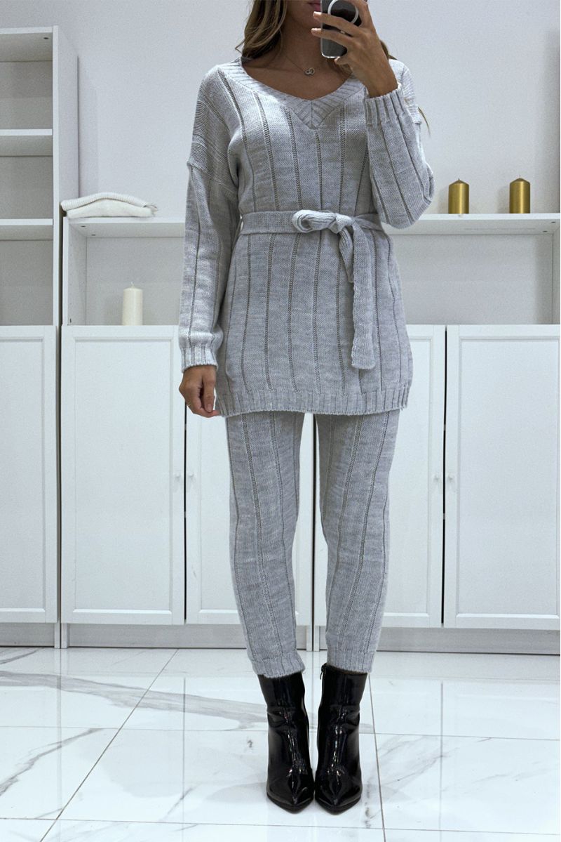 Ensemble pull col v à ceinture et pantalon gris en tricot, très chaud pour l'hiver - 2